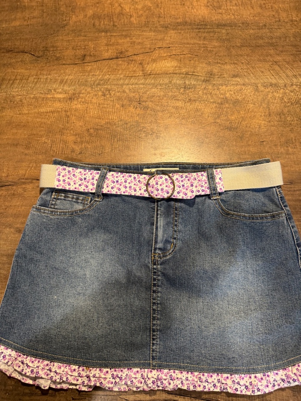 Lei Denim Mini Skirt Girls 16 Blue Pink Ruffle Hem Y2K Floral Belted